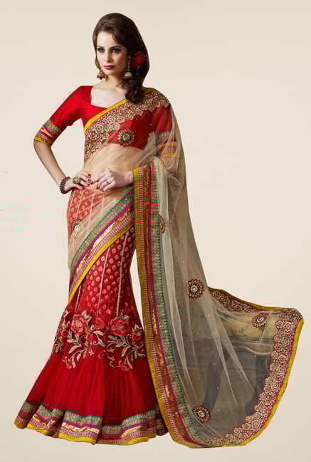Triveni Red Embroidered Net Viscose Lehenga Saree Triveni Red Embroidered Net Viscose Lehenga Saree