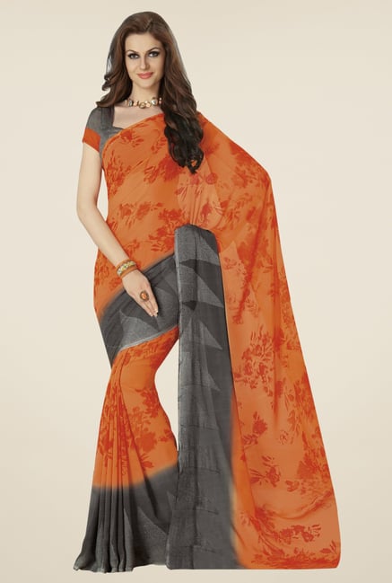 Triveni Orange & Grey Printed Faux Georgette Saree Triveni Orange & Grey Printed Faux Georgette Saree