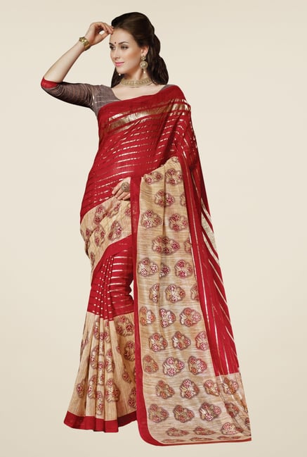 Triveni Maroon & Beige Printed Bhagalpuri Silk Saree Triveni Maroon & Beige Printed Bhagalpuri Silk Saree