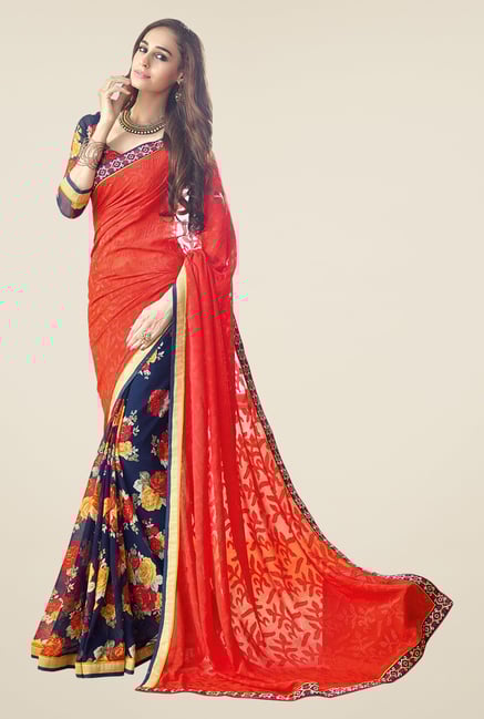 Triveni Navy & Coral Floral Print Brasso Art Silk Saree Triveni Navy & Coral Floral Print Brasso Art Silk Saree
