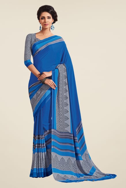 Triveni Blue Printed Crape Saree Triveni Blue Printed Crape Saree