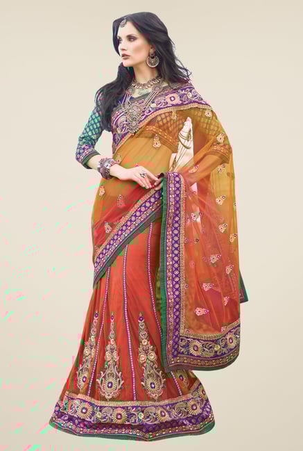 Triveni Orange Embroidered Net Lehenga Saree Triveni Orange Embroidered Net Lehenga Saree