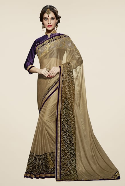 Triveni Beige Embroidered Lycra Brasso Net Saree Triveni Beige Embroidered Lycra Brasso Net Saree