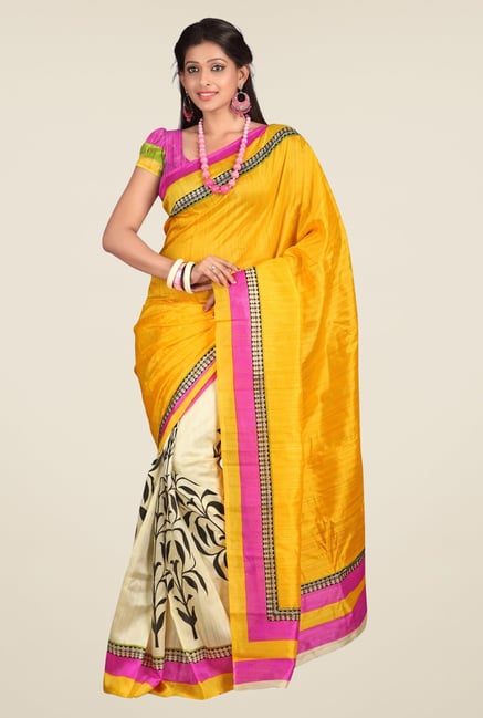 Triveni Yellow & Beige Printed Art Silk Saree Triveni Yellow & Beige Printed Art Silk Saree