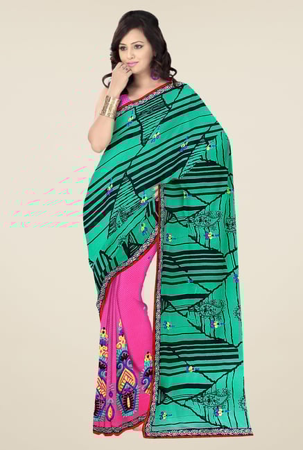 Triveni Pink & Green Embroidered Georgette Chiffon Saree Triveni Pink & Green Embroidered Georgette Chiffon Saree