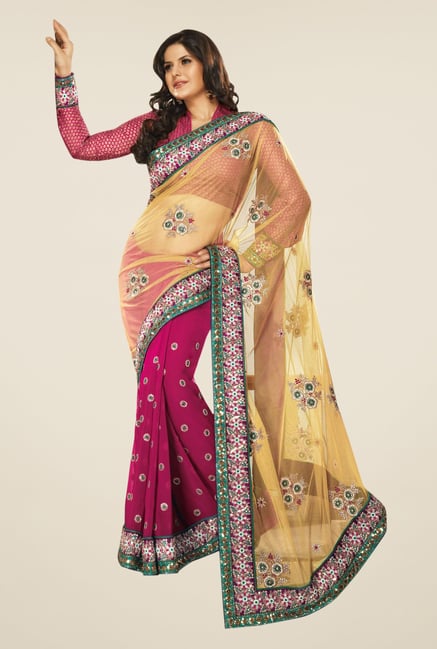 Triveni Magenta & Beige Embroidered Net Georgette Saree Triveni Magenta & Beige Embroidered Net Georgette Saree