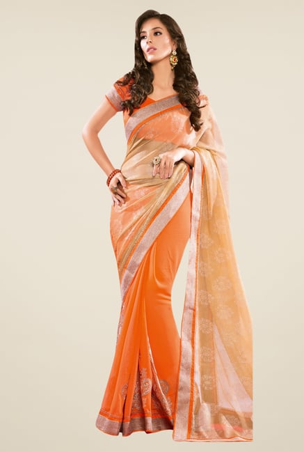 Triveni Orange Printed Chiffon Saree Triveni Orange Printed Chiffon Saree