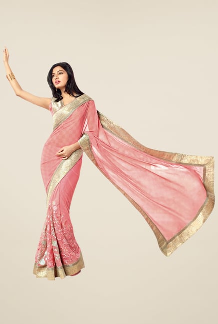 Triveni Peach Embroidered Net Saree Triveni Peach Embroidered Net Saree