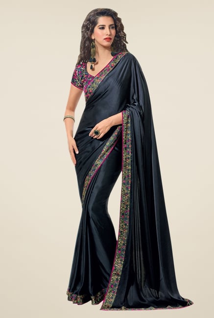 Triveni Black Solid Satin Crape Saree Triveni Black Solid Satin Crape Saree