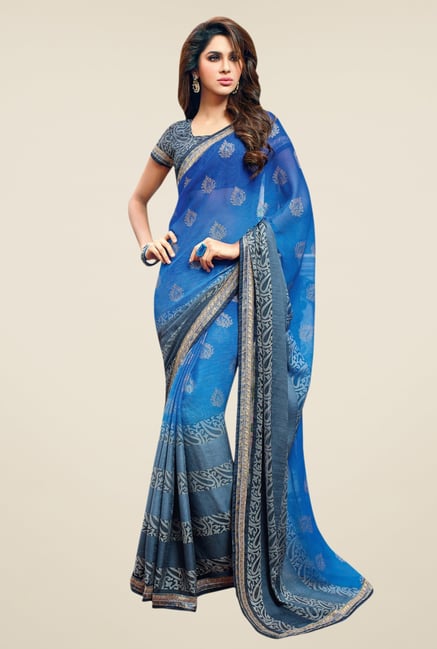 Triveni Blue Printed Chiffon Brasso Dry Clean Saree Triveni Blue Printed Chiffon Brasso Dry Clean Saree