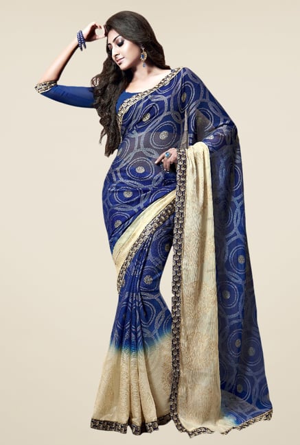Triveni Blue & Beige Printed Chiffon Brasso Saree Triveni Blue & Beige Printed Chiffon Brasso Saree
