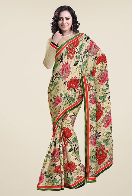 Triveni Beige Floral Print Chiffon Saree Triveni Beige Floral Print Chiffon Saree
