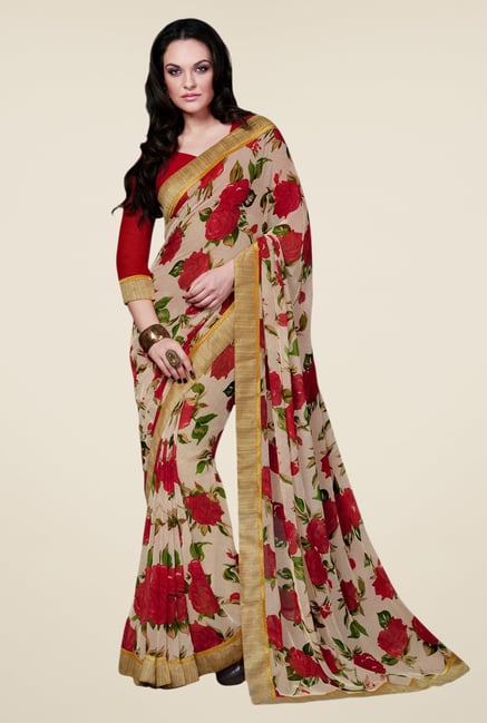 Triveni Beige Floral Print Faux Georgette Saree Triveni Beige Floral Print Faux Georgette Saree