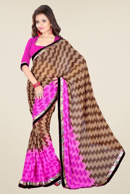 Triveni Brown & Pink Printed Faux Georgette Saree Triveni Brown & Pink Printed Faux Georgette Saree