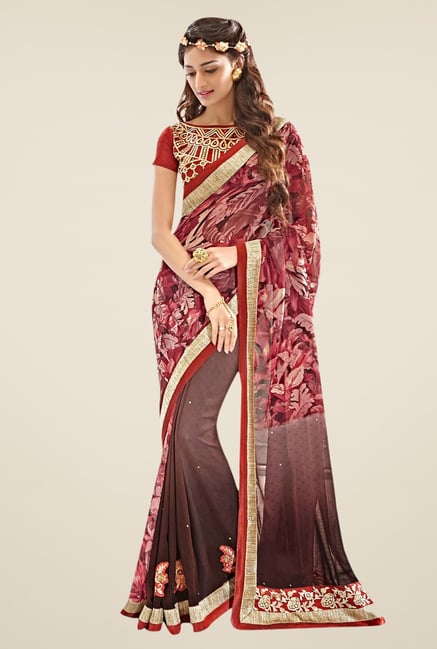 Triveni Brown Printed Faux Georgette Saree Triveni Brown Printed Faux Georgette Saree
