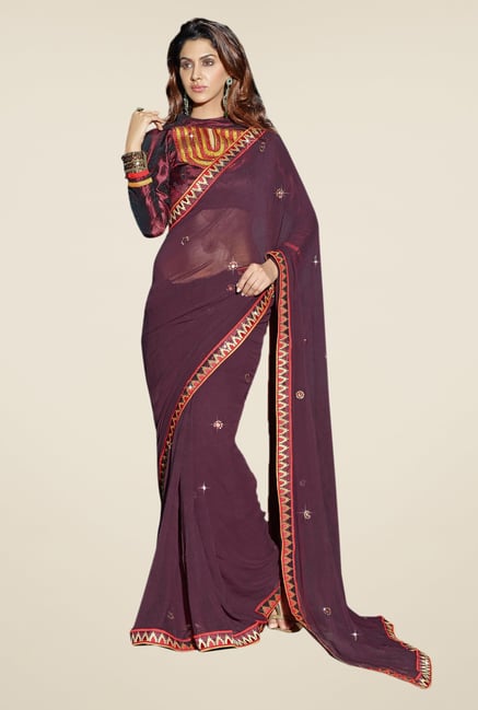 Triveni Purple Solid Faux Georgette Dry Clean Saree Triveni Purple Solid Faux Georgette Dry Clean Saree