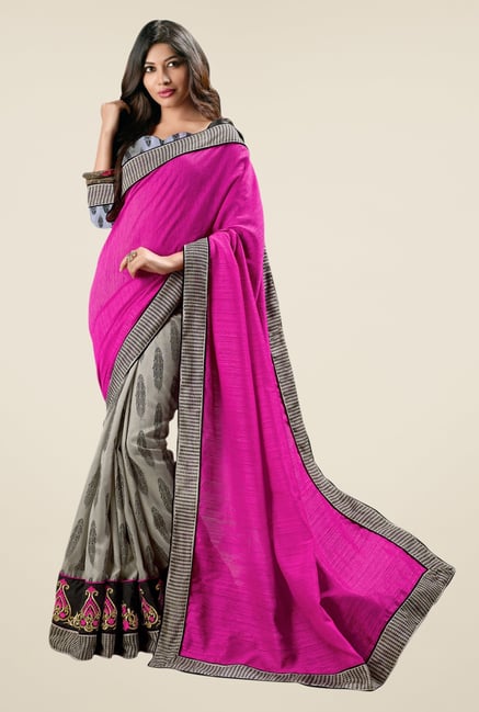 Triveni Grey & Pink Printed Art Silk Saree Triveni Grey & Pink Printed Art Silk Saree