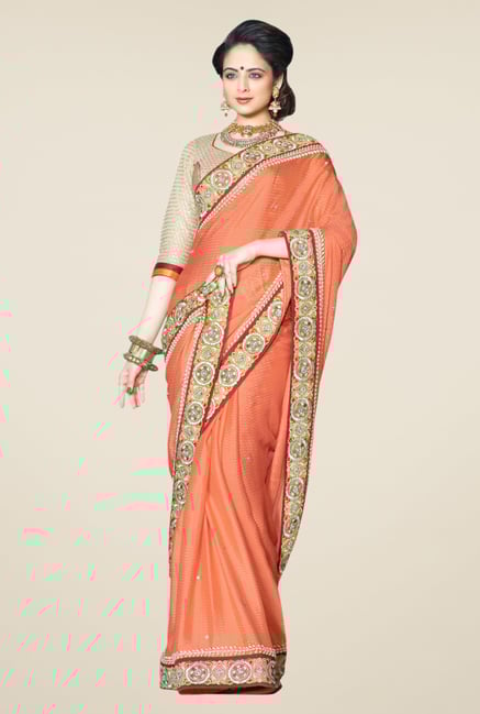 Triveni Orange Embroidered Faux Georgette Saree Triveni Orange Embroidered Faux Georgette Saree