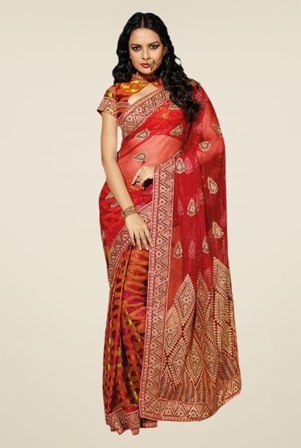 Triveni Maroon Embroidered Net Saree Triveni Maroon Embroidered Net Saree