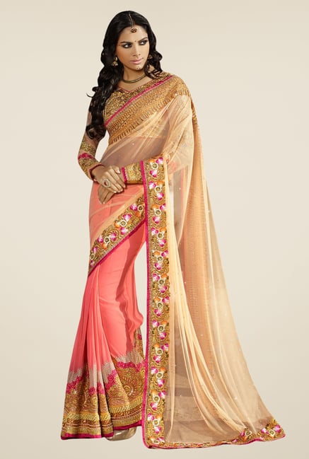 Triveni Peach Embroidered Net Chiffon Saree Triveni Peach Embroidered Net Chiffon Saree