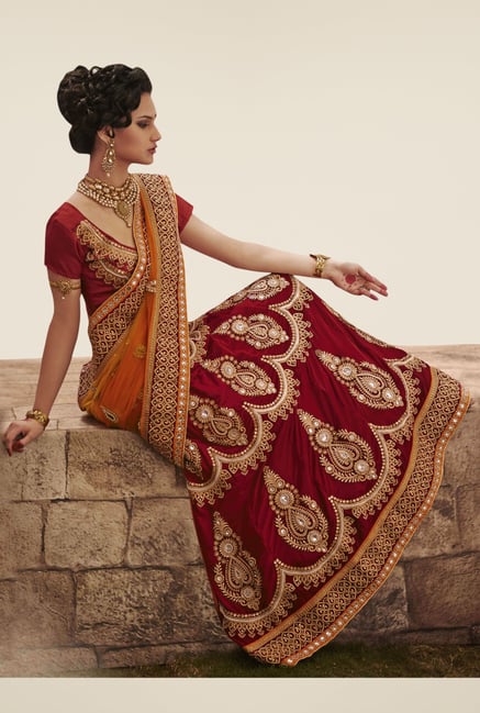 Triveni Maroon & Peach Embroidered Dry Clean Saree Triveni Maroon & Peach Embroidered Dry Clean Saree