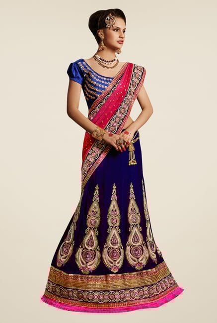 Triveni Dark Blue & Pink Embroidered Velvet Lehenga Saree Triveni Dark Blue & Pink Embroidered Velvet Lehenga Saree
