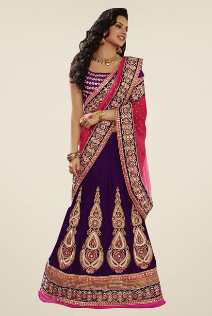 Triveni Purple & Pink Embroidered Velvet Lehenga Saree Triveni Purple & Pink Embroidered Velvet Lehenga Saree