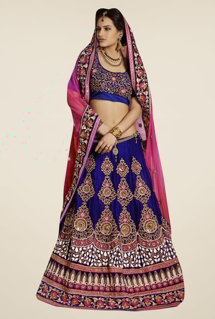 Triveni Blue & Pink Embroidered Net Velvet Lehenga Saree Triveni Blue & Pink Embroidered Net Velvet Lehenga Saree