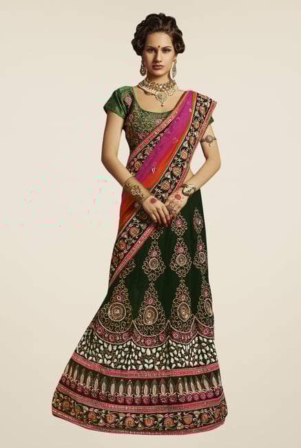 Triveni Black & Pink Embroidered Net Velvet Lehenga Saree Triveni Black & Pink Embroidered Net Velvet Lehenga Saree