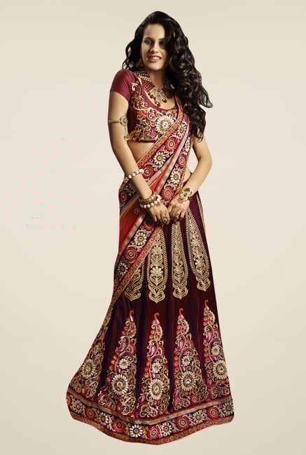 Triveni Maroon & Peach Embroidered Net Velvet Lehenga Saree Triveni Maroon & Peach Embroidered Net Velvet Lehenga Saree