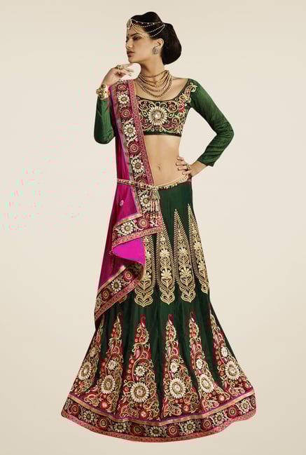 Triveni Green & Pink Embroidered Net Velvet Lehenga Saree Triveni Green & Pink Embroidered Net Velvet Lehenga Saree
