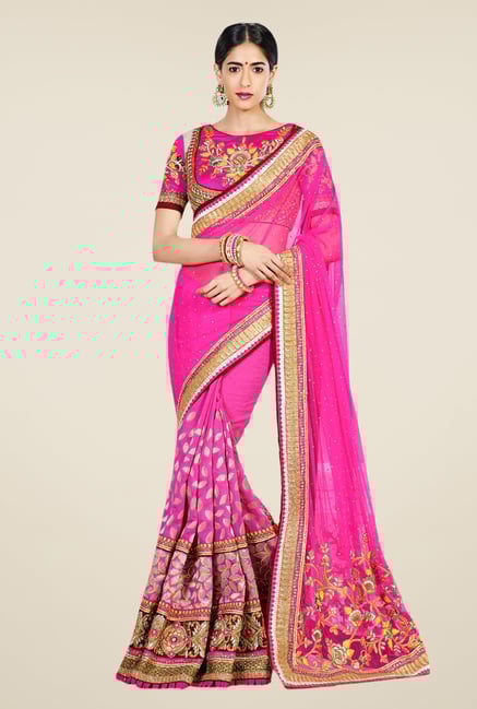 Triveni Magenta Embroidered Net Cotton Brasso Saree Triveni Magenta Embroidered Net Cotton Brasso Saree