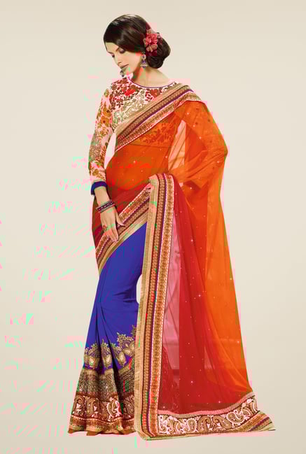 Triveni Blue & Orange Embroidered Net Pure Georgette Saree Triveni Blue & Orange Embroidered Net Pure Georgette Saree