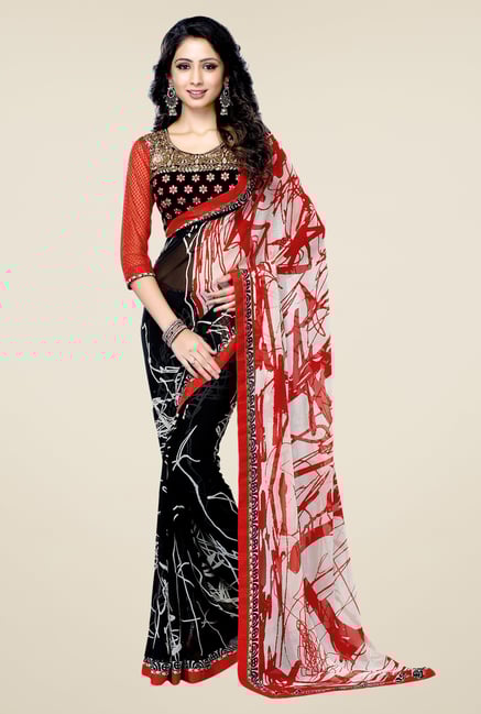 Triveni Black & Red Printed Faux Georgette Saree Triveni Black & Red Printed Faux Georgette Saree