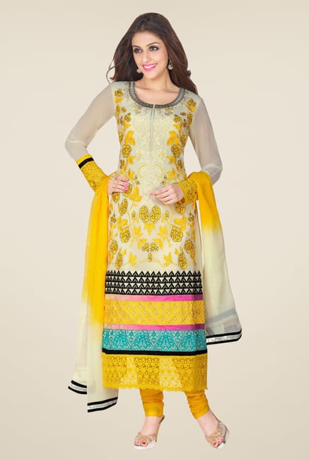 Triveni Off White & Yellow Embroidered Dress Material Triveni Off White & Yellow Embroidered Dress Material