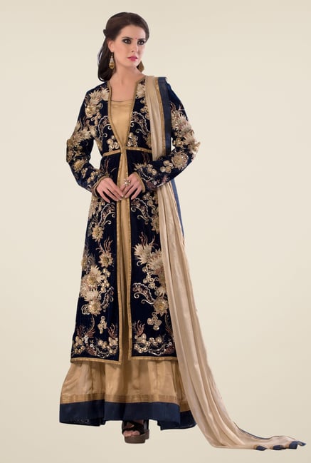 Triveni Black & Beige Embellished Dress Material Triveni Black & Beige Embellished Dress Material