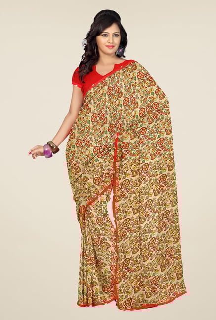 Triveni Beige & Green Floral Print Faux Georgette Saree Triveni Beige & Green Floral Print Faux Georgette Saree