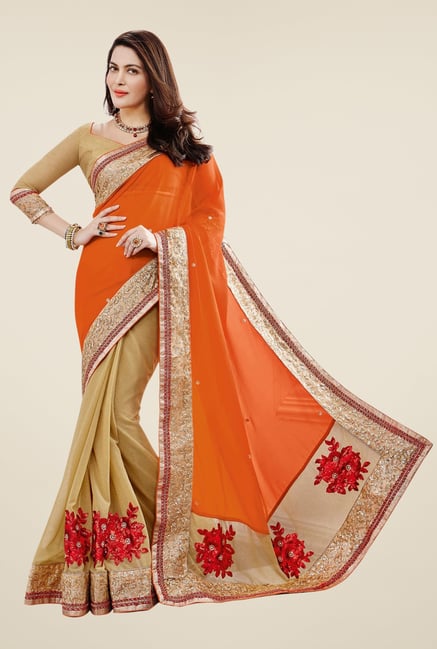 Triveni Beige & Coral Embroidered Faux Georgette Saree Triveni Beige & Coral Embroidered Faux Georgette Saree