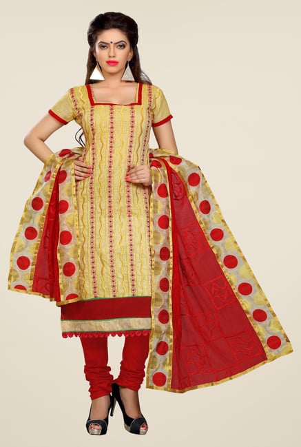 Triveni Yellow & Red Embroidered Dress Material Triveni Yellow & Red Embroidered Dress Material