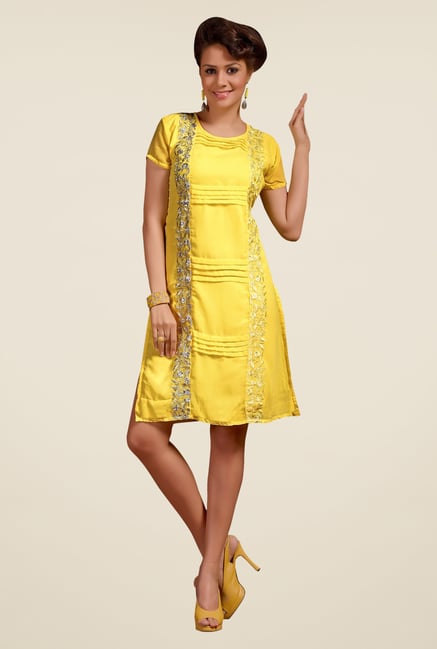 Triveni Yellow Embroidered Round Neck Kurti Triveni Yellow Embroidered Round Neck Kurti
