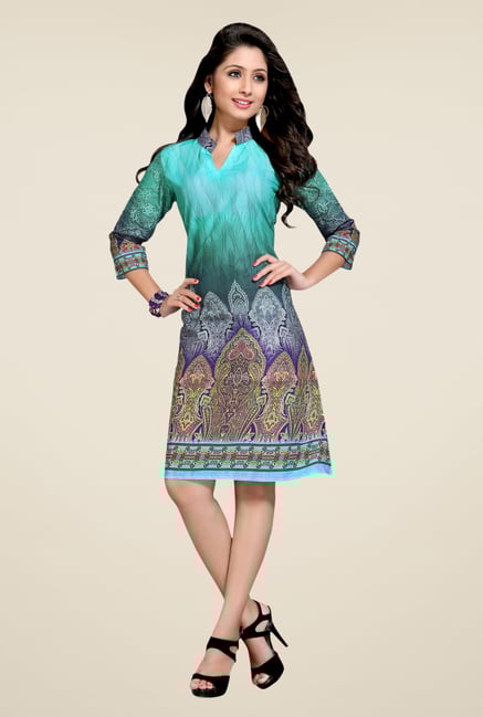 Triveni Blue Printed Mandarin Collar Kurti Triveni Blue Printed Mandarin Collar Kurti
