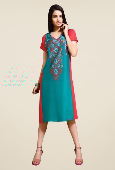 Triveni Teal & Red Embroidered Kurti Triveni Teal & Red Embroidered Kurti