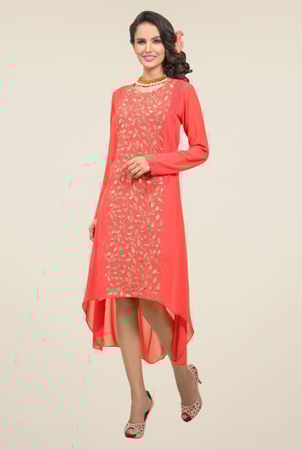 Triveni Orange Embellished Round Neck Kurti Triveni Orange Embellished Round Neck Kurti