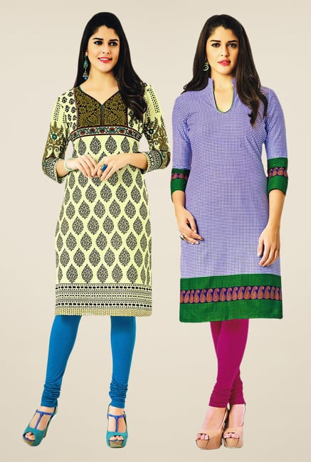 Salwar Studio Cream & Blue Kurtis (Pack Of 2) Salwar Studio Cream & Blue Kurtis (Pack Of 2)