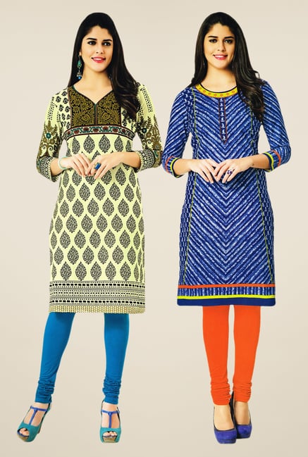 Salwar Studio Cream & Blue Kurtis (Pack Of 2) Salwar Studio Cream & Blue Kurtis (Pack Of 2)