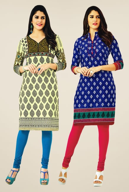 Salwar Studio Cream & Blue Kurtis (Pack Of 2) Salwar Studio Cream & Blue Kurtis (Pack Of 2)