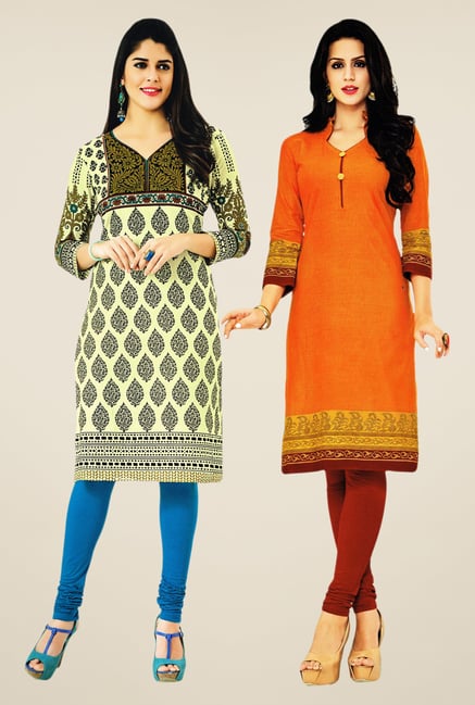 Salwar Studio Cream & Orange Kurtis (Pack Of 2) Salwar Studio Cream & Orange Kurtis (Pack Of 2)