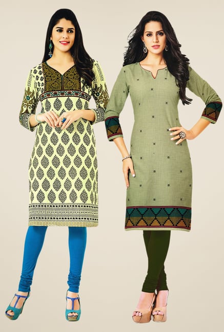 Salwar Studio Cream & Olive Kurtis (Pack Of 2) Salwar Studio Cream & Olive Kurtis (Pack Of 2)