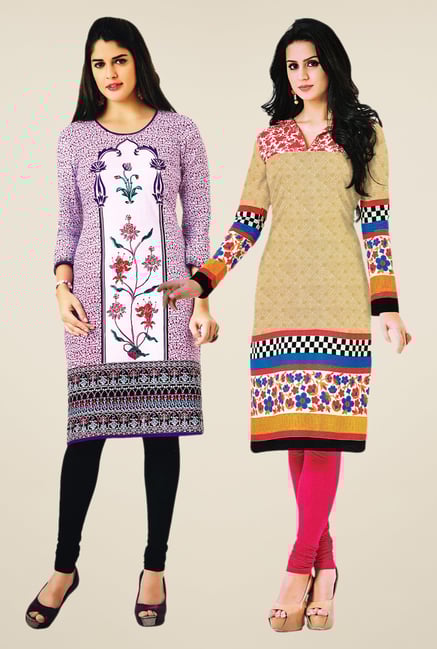 Salwar Studio Purple & Beige Kurtis (Pack Of 2) Salwar Studio Purple & Beige Kurtis (Pack Of 2)