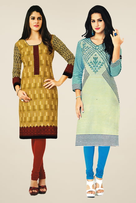 Salwar Studio Mustard & Cream Kurtis (Pack Of 2) Salwar Studio Mustard & Cream Kurtis (Pack Of 2)